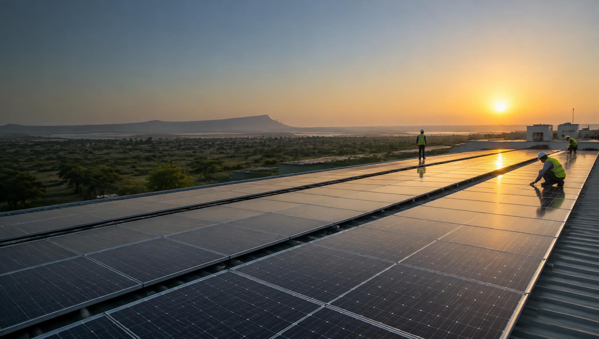 Solar panels installed on an industrial rooftop